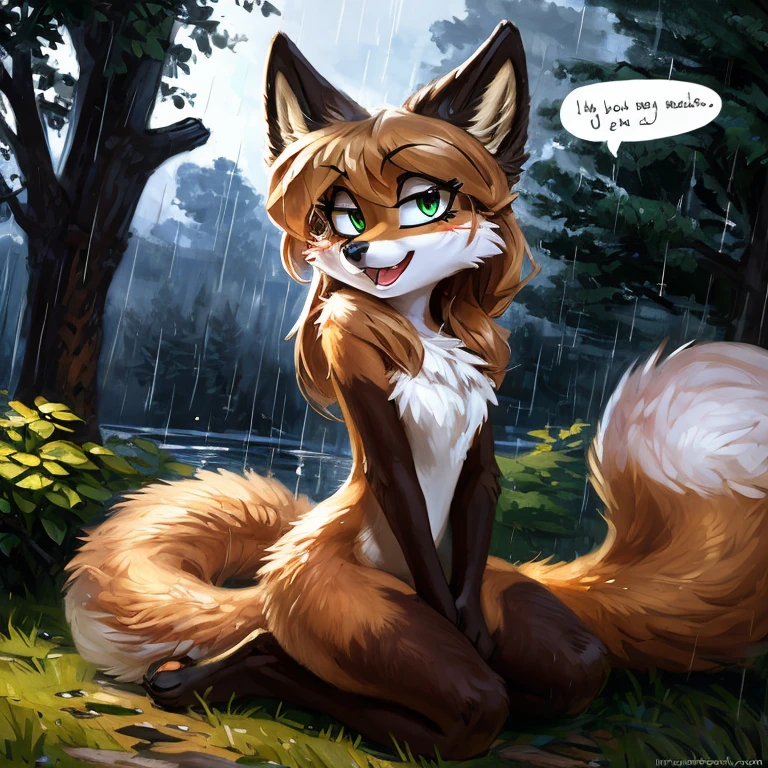 uploaded to E621, by Kenket, by Ross Tran, by Michael & Inessa Garmash, by Pino Daeni, by Kiguri, by Alena Aenami, by Ruan Jia, A solo vixen ((female) (anthro) ([foxl])), beautiful and detailed portrait of an anthropomorphic vixen ((female)), anthro fox girl, body fur, flat chest, chest fluff, body fur, curvy, sexy, nice, cute, hot, sassy, sassy hips, (Averi, Fox girl), hi res, photorealism, soft shading, (detailed fur: 1.1), happy looking, (legs), (solo: 1.1), tail raised, ((beautiful) eyes: 1.1), (detailed eyes: 1.1), (detailed), (masterpiece: 1.2), (athletic), good anatomy, detailed face, speech bubble, heart, hearts, seductive pose, sexy pose, in a park, tree, night, wet fur, raining, on knees