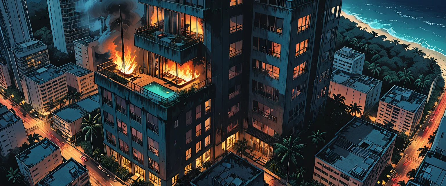 burning first floor lonely skyscraper, smoke,
(outside of a skyscraper), night, dark,
the light is only from a 1skyscraper, tropical, top view, palm, ((bird's-eye view)),
skyscraper, (tropical island), ocean, tropical forest, graphic style of novel comics, 2d, 8k, hyperrealism, masterpiece, high resolution, best quality, ultra-detailed, super realistic, Hyperrealistic art, high-quality, ultra high res, highest detailed, lot of details, Extremely high-resolution details, incredibly lifelike, colourful, soft cinematic light,