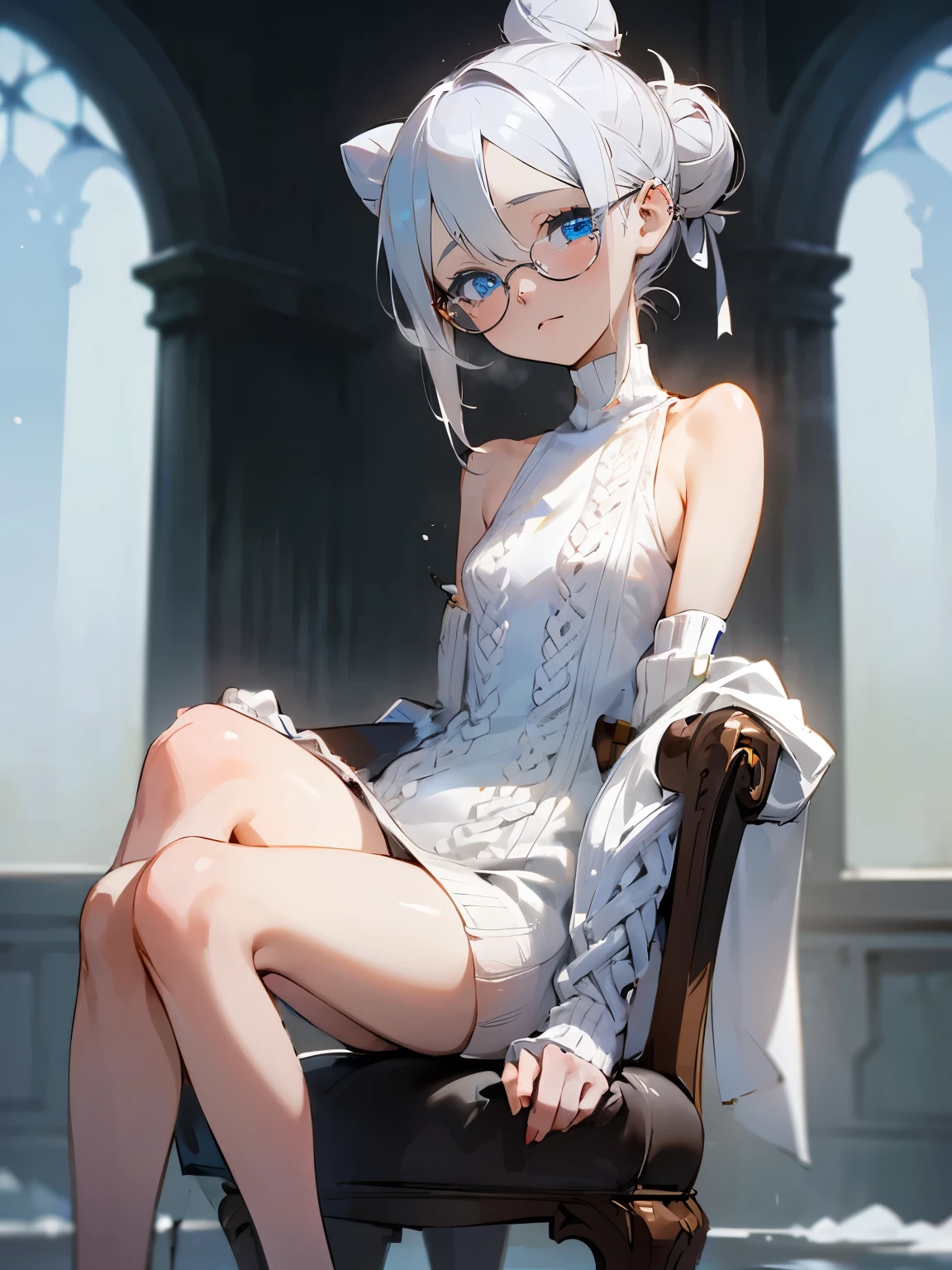 (1girl:1.3), Masterpiece, Best quality, amazing beauty, 4K, absurdres, finely detail, super detailed eye, perfect anatomy, official art, cinematic lighting, BREAK, Snowy, colored tips, hair bun, white hair, gray hair, super shiny detailed blue eyes, watery eyes, glasses, piercing, shy, BREAK , small breasts, short stature, medium, detailed skin, sitting chair, head tilt, waving, BREAK , (One-piece:1.2), (knit sweater:1.2), (sleeves past wrists:1.2), (bare shoulders:1.2), BREAK,(Small Curvy Loli,delicate)