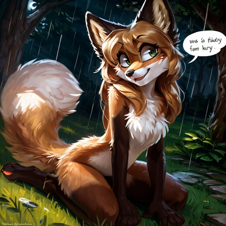 uploaded to E621, by Kenket, by Ross Tran, by Michael & Inessa Garmash, by Pino Daeni, by Kiguri, by Alena Aenami, by Ruan Jia, A solo vixen ((female) (anthro) ([foxl])), beautiful and detailed portrait of an anthropomorphic vixen ((female)), anthro fox girl, body fur, flat chest, chest fluff, body fur, curvy, sexy, nice, cute, hot, sassy, sassy hips, (Averi, Fox girl), hi res, photorealism, soft shading, (detailed fur: 1.1), happy looking, (legs), (solo: 1.1), tail raised, ((beautiful) eyes: 1.1), (detailed eyes: 1.1), (detailed), (masterpiece: 1.2), (athletic), good anatomy, detailed face, speech bubble, heart, hearts, seductive pose, sexy pose, in a park, tree, night, wet fur, raining, on knees