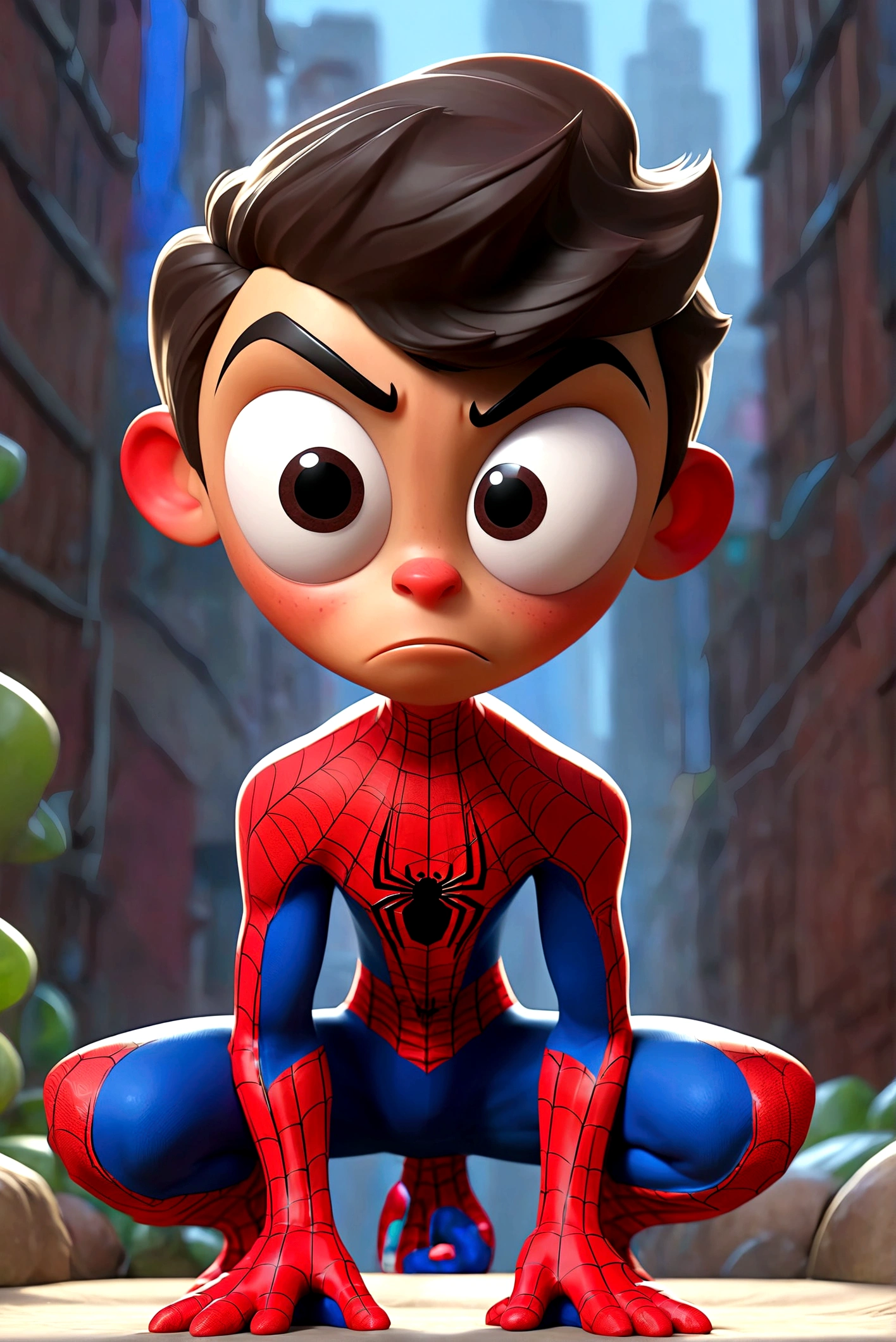 3D, cartoon, funny, 1 asian boy, 8 years old, wearing spiderman suit without mask, big head , disney pixar,