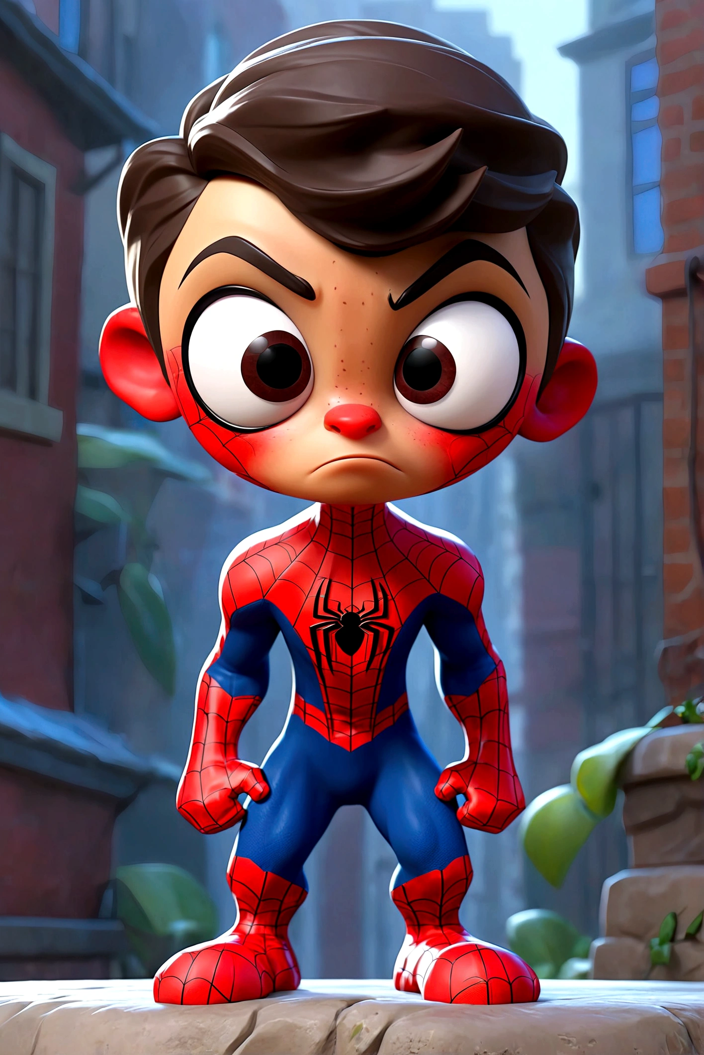 3D, cartoon, funny, 1 asian boy, , wearing spiderman suit without mask, big head , disney pixar,