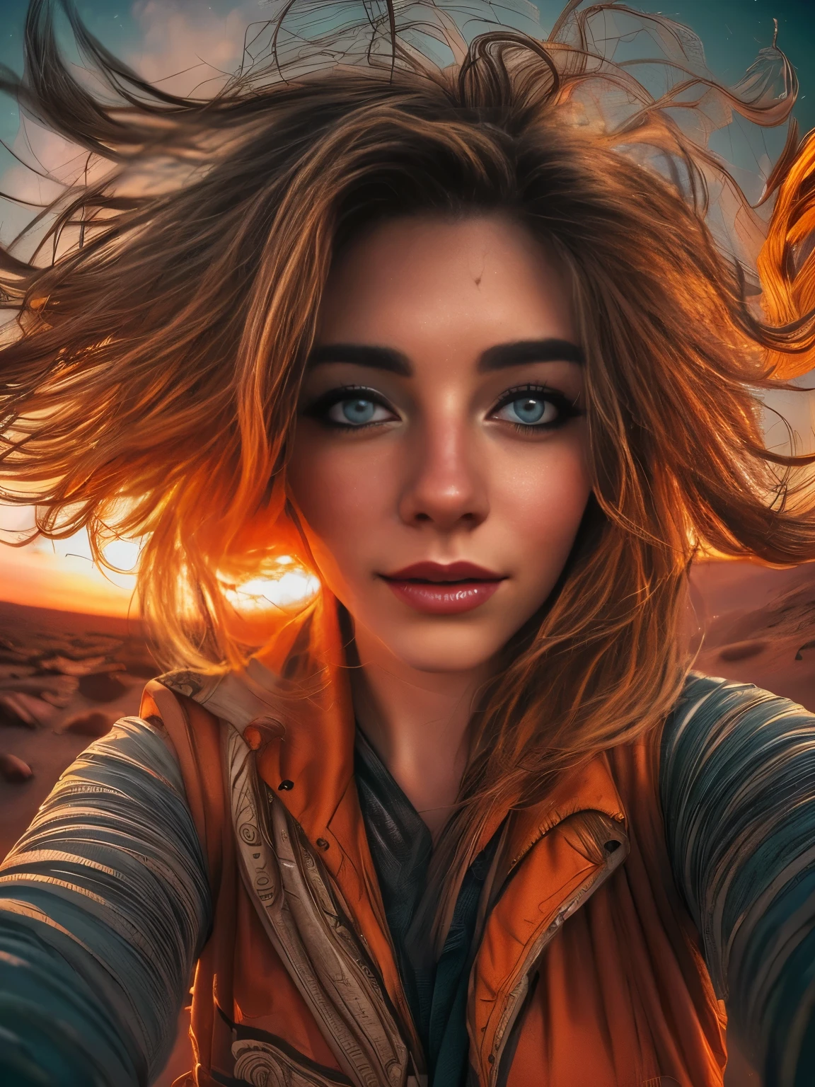 1 ultra hot gorgeous European woman, age 23, fisheye selfie, wind, messy hair, sunset, planet mars landscape, (aesthetics and atmosphere:1.2), smiling, detailed eyes, detailed lips, extremely detailed face, long eyelashes, intricate details, cinematic lighting, vivid colors, hyper realistic, 8K, best quality, masterpiece