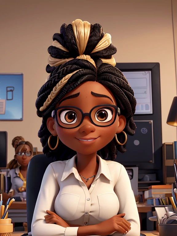 portrait of a black woman 3D pixar style, sitting forward at an office desk, with blonde braid, highlight black features, looking at camera, slight smile on your face, With glasses, large breasts, a black shirt with the volgal "a" in the middle of the shirt, em uma agência de marketing digital chamada aestidia