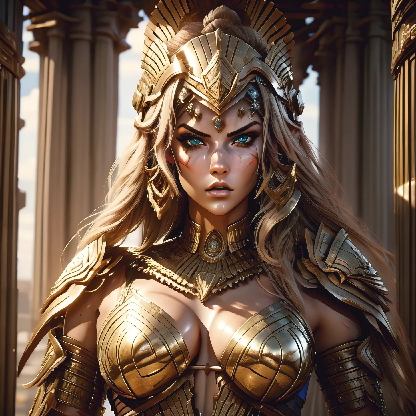 (masterpiece, highly detailed:1.3), detailed portrait of a Spartan woman wearing her war helmet, (intense and determined expression:1.2), piercing eyes, (strong jawline:1.1), intricate helmet design with crest, (dusty battle-worn appearance:1.1), hint of battle scars, (gritty texture:1.1), shadows playing against the helmet's metal surface, historical authenticity, fierce and stoic demeanor, warrior spirit captured in her gaze, subtle hints of ancient Spartan culture, dynamic lighting highlighting the helmet's craftsmanship, emphasis on strength and resilience, intense character study.