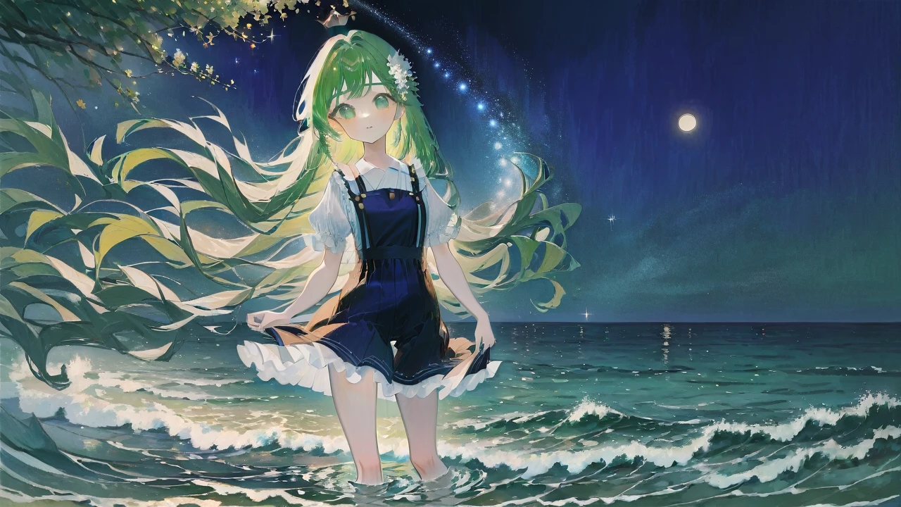 Create a high-quality anime-style illustration for a song titled "月の光." The image should depict a serene night scene with a large, luminous full moon casting a gentle glow over a clear starry sky. The moonlight reflects on a calm ocean with gentle waves lapping at a tranquil shore. In the foreground, an anime-style character stands by the water's edge, gazing up at the moon with a serene and contemplative expression. The character should be beautifully detailed, with flowing hair gently stirred by a soft breeze. Surrounding the scene, lush trees rustle quietly in the night wind. The overall atmosphere should be tranquil, soothing, and deeply immersive, capturing the essence of peaceful night-time reflection and the gentle embrace of nature.