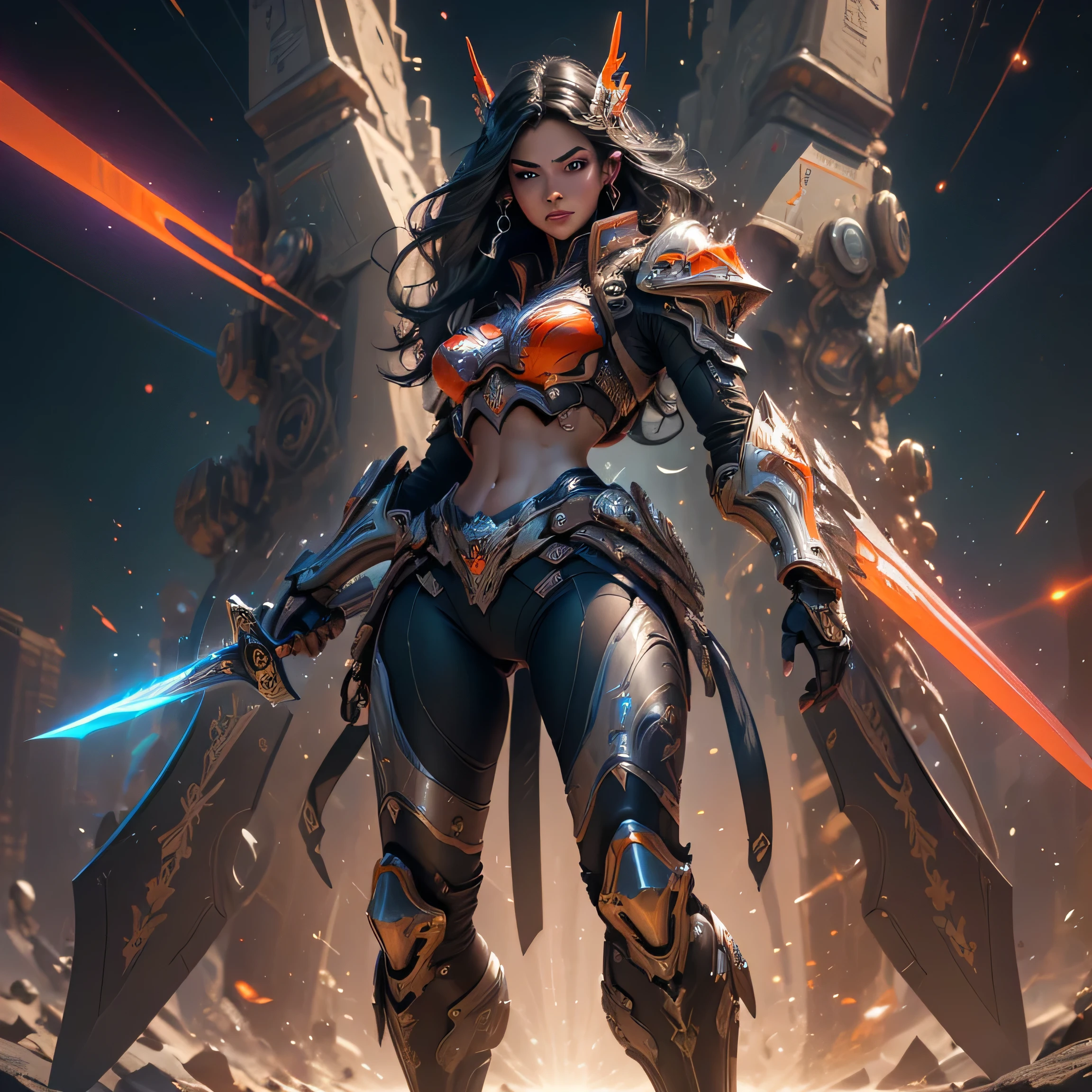 1girl, solo, masterpiece, best quality, 8k, detailed skin texture, detailed polished metal textures, light reflections off of metal surfaces, highly-detailed eyes, extremely detailed face, intricately detailed (silver and black) hair, (ultra-detailed supermodel face):1.4, beautifully detailed body, insanely detailed background, bold colors, A stunningly beautiful, extremely fit girl, with a long braided ponytail, (wearing futuristic:1.3, Samurai armor):1.34 is (holding a Katana sword in one hand):1.5. and (a long dagger in the other hand):1.5, (((bright red and orange tracers are flying past her))):1.5 (((light trails follow the swords that are swung at high velocity))):1.33, (resembling glowing speed lines):1.4. (She has large bright blue eyes):1.4, (a button nose, perfectly shaped lips):1.2, (a flawless face):1.33 and (the body of a fitness model):1.25, (maximum detail):1.4. (She has a lean waist, an extremely toned midriff, slender thighs, slim calves, and flawless large breasts):1.42, (there are laser bolts and explosions all around her):1.4, and the scene is very (chaotic:1.3), (((detailed line work and delicate, flowing brushstrokes))), giving the art a dreamlike and ethereal quality, the art style is heavily influenced by futuristic Anime Films, Concept Art, Surrealism and Art Nouveau with intricate patterns and decorative details):1.2, (motifs from nature such as wolves, lightning, and dragons):1.3. (featuring vivid shades of red, blue, green, and purple, also using silver and gold metallic accents):1.4 (cinematic movie still, masterpiece, best quality, absurd resolution, 8k, Monte Carlo Ray Tracing:1.2, path traced subsurface scattering):1.4, (((HDR, UHD, volumetric lighting, Unreal Engine 5, Unity Engine, Blender, octane render))), (exquisite subject composition and use of lighting:1.4, exceptional, award-winning shading:1.4, sharp focus:1.35, top angle, full body shot, photorealistic, natural beauty):1.4, 8K, Absurdres