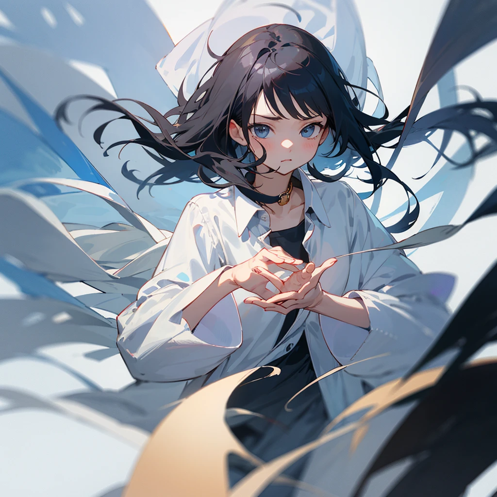 Girl、Black Hair、thin、white collar、one piece、cute、Thin lines、Hands are hidden。