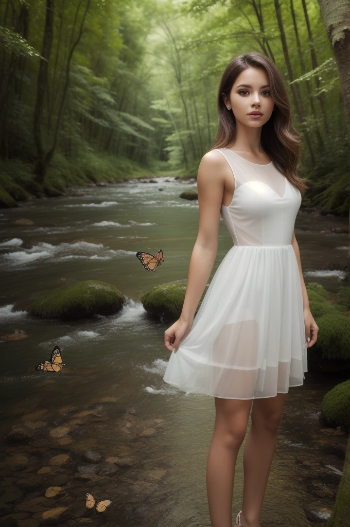 A white woman with brown eyes wearing a transparent white dress is in a green forest with a river next to it and a lot of butterflies flying.