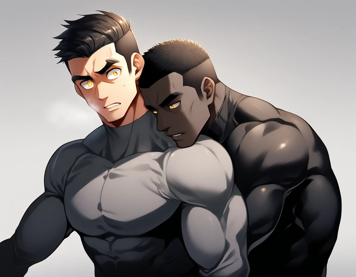 aanime characters:Two superheroes in tights, Muscle superhero, Black Short Hair, negro black skin, They hugged and kissed each other, Bite your neck, Caress, Manliness, male focus, Yellow and black high collar long sleeve tight T-shirt, Slightly transparent material, Very tight, Round, full and perky chest muscles, Muscle waist, Slightly transparent, muscular male, muscular, only, Upper body, alone, Black Short Hair, Thick eyebrows, stubble, Yellow eyes, Grey background, simple background, amazing quality, best aesthetics, Ridiculous, bright pupils, crew cut, parted lips, heavy breathing, pain, horrified, drop shadow, best quality