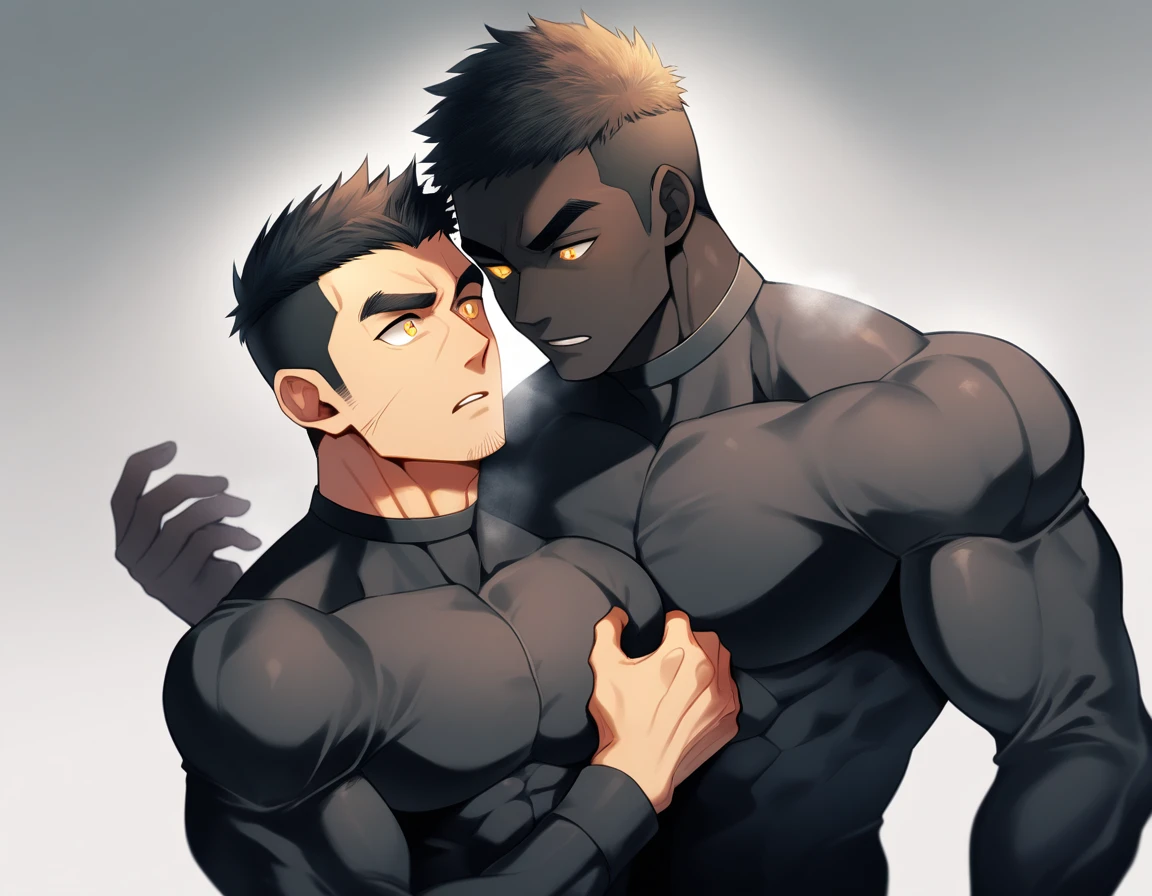 aanime characters：Two superheroes in tights, Muscle superhero, Black Short Hair, negro black skin, They hugged and kissed each other, Bite your neck, Caress, Manliness, male focus, Yellow and black high collar long sleeve tight T-shirt, Slightly transparent material, Very tight, Round, full and perky chest muscles, Muscle waist, Slightly transparent, muscular male, muscular, only, Upper body, alone, Black Short Hair, Thick eyebrows, stubble, Yellow eyes, Grey background, simple background, amazing quality, best aesthetics, Ridiculous, bright pupils, crew cut, parted lips, heavy breathing, pain, horrified, drop shadow, best quality