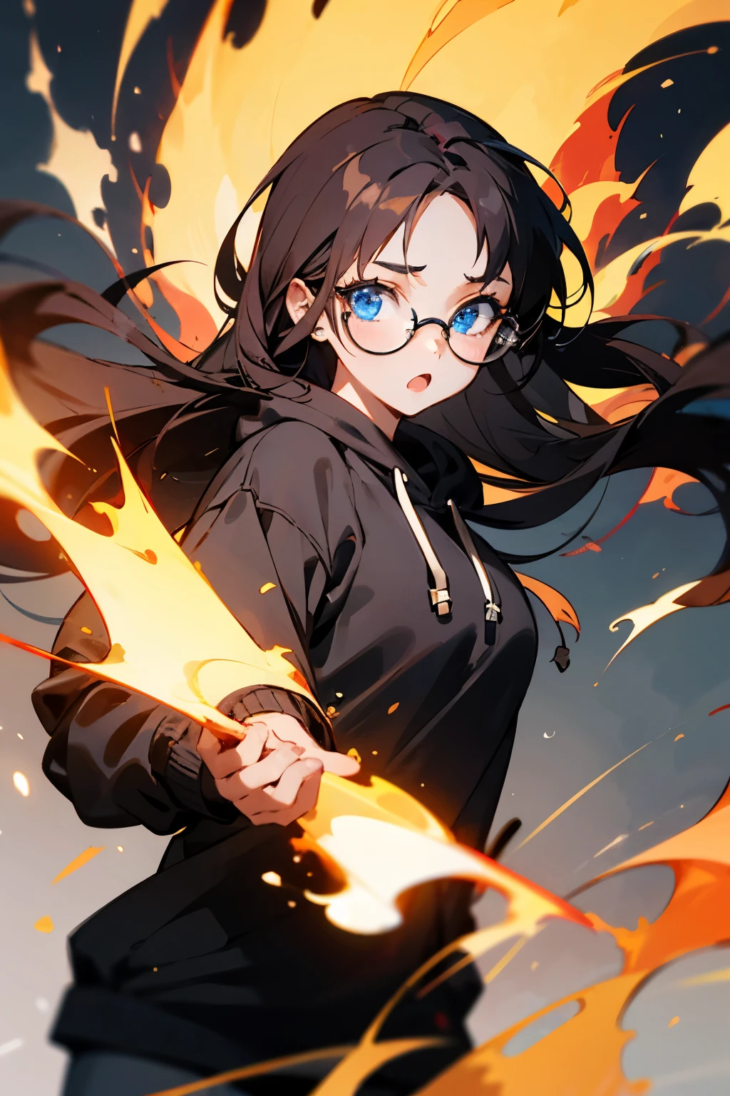 Young Girl, female, long dark hair, glasses, Blue eyes, wearing Black Hoodie, fire, surprised 