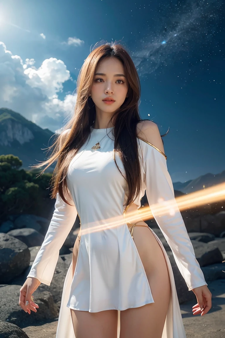 ((masterpiece, best quality, extremely detailed), volumetric lighting, ambient occlusion, colorful, glowing), 1girl, solo, young girl, (dark hair), long hair, halo, aura, sacred, goddess, cleric suit, (white outfit with gold detailst:1.3), armor, outdoors, sunset, sky, clouds, space, (fantasy theme:1.2),