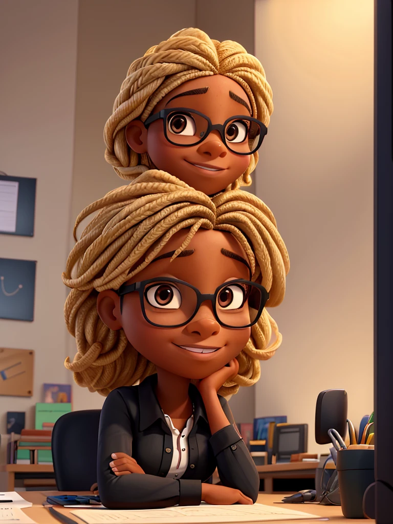 portrait of a black woman 3D pixar style, sitting forward at an office desk, with blonde braid, highlight black features, looking at camera, slight smile on your face, With glasses, large breasts, a black shirt with the volgal "a" in the middle of the shirt, em uma agência de marketing digital chamada aestidia