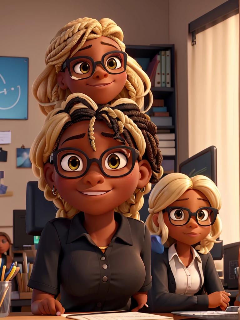 portrait of a black woman 3D pixar style, sitting forward at an office desk, with blonde braid, highlight black features, looking at camera, slight smile on your face, With glasses, , a black shirt with the volgal "a" in the middle of the shirt, em uma agência de marketing digital chamada aestidia