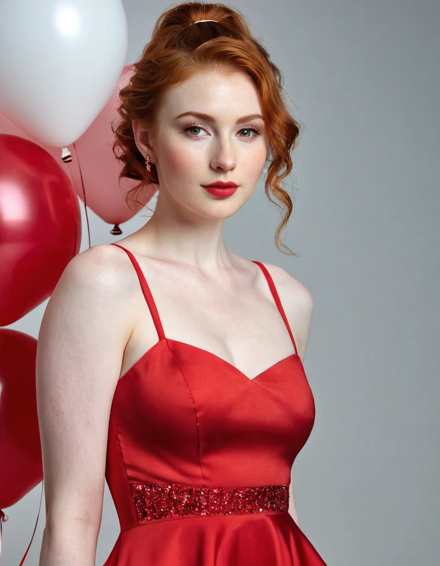 Photography full body of a very beautiful realistic girl, porcelain skin, very light skin, very pale skin, redhead, wavy, pony tail, Detail of skin structure, hazel eyes, Slit eyes, small-nose, small nostril, think of arched eyebrows, thick lower lip, seductive glance, happy face, unique face, Wear a red party dress, detailed photo, foto realista, Masterpiece Image, sharp image, ballons in the background