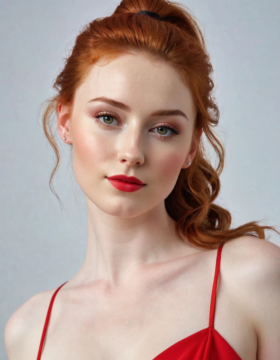 Photography full body of a very beautiful realistic girl, porcelain skin, very light skin, very pale skin, redhead, wavy, pony tail, Detail of skin structure, hazel eyes, Slit eyes, small-nose, small nostril, think of arched eyebrows, thick lower lip, seductive glance, happy face, unique face, Wear a red party dress, detailed photo, foto realista, Masterpiece Image, sharp image, ballons in the background