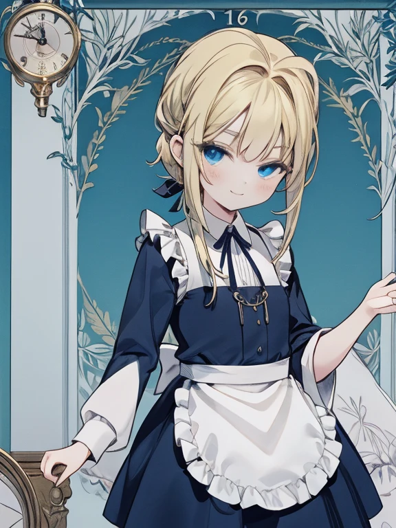 masterpiece, Highest quality, Very detailed, 16K, Ultra-high resolution, Cowboy Shot, Alice in Wonderland, (art nouveau:1.4), ****************, Detailed face, smile, blue eyes, blonde, Braiding, Long Hair, ponytail, Ribbon on head, Blue clothes, Plain white apron, 大きなclockのある部屋で, clock, 壁clock, Music Box