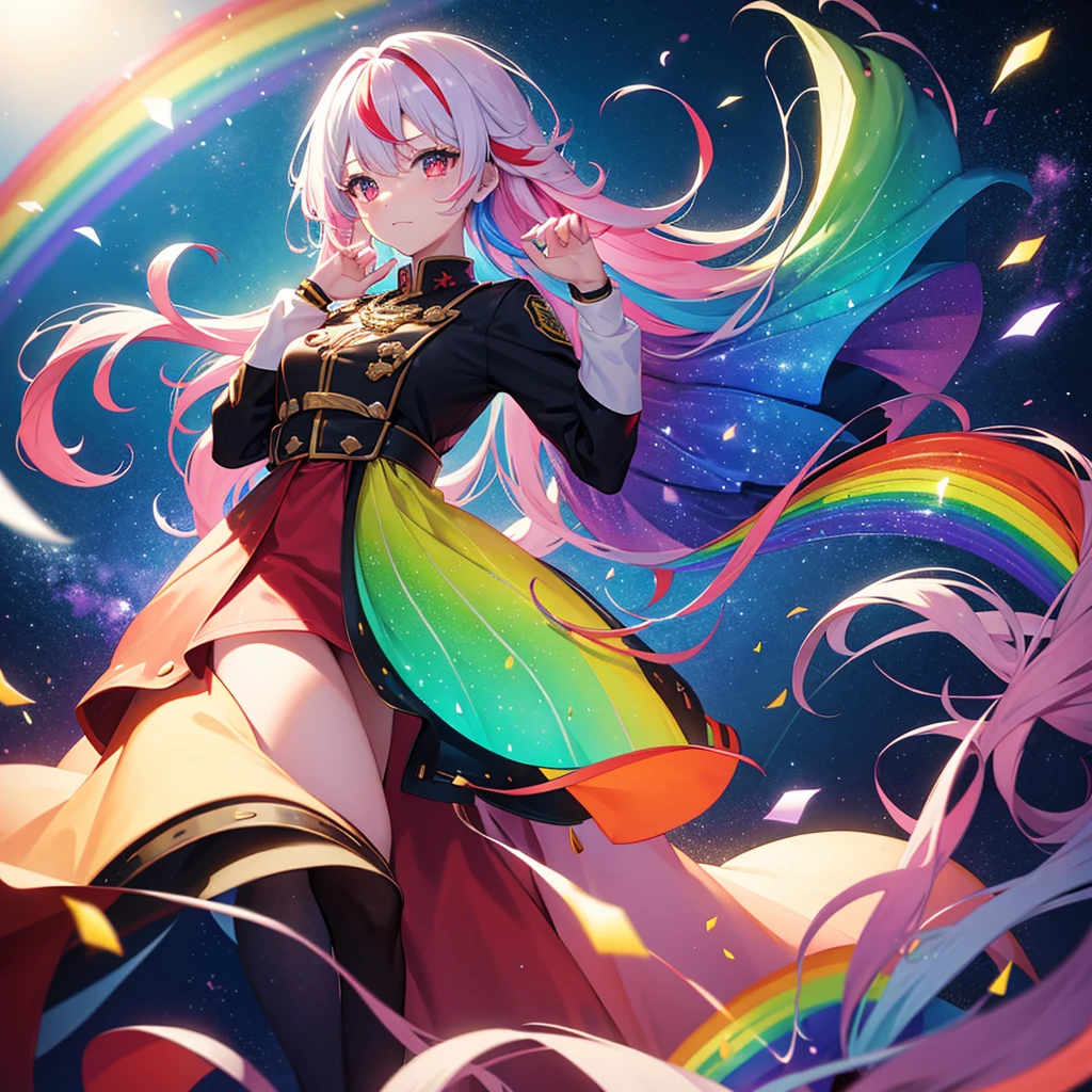 (((Fantasy Rainbow Hair Make your hair rainbow-colored on the inside Long Hair Dull red eyes))) ((Has a galaxy uniform Put on a coat without putting your arms through it Lonely despair)) ((tears gloves)) (((Broken glass))) (Distorted Space-Time star) Catch the wind autumn Shining Background Particles of light, rainbow colored edges