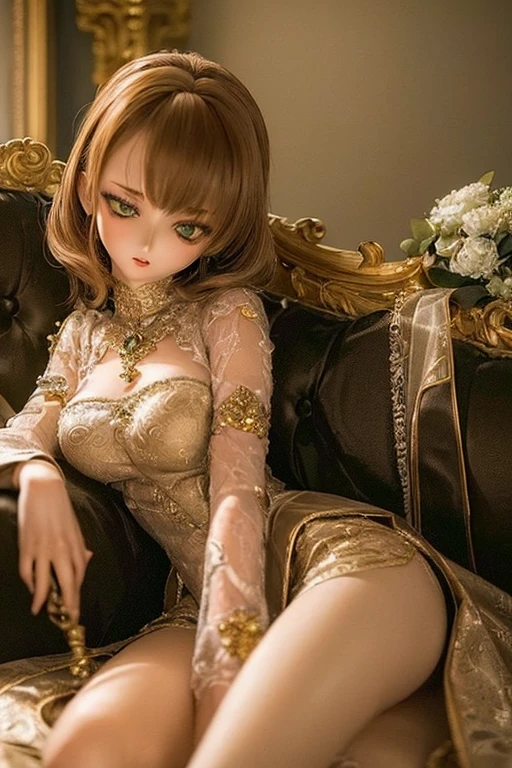 photorealistic, realistic photo, ((highest quality)), ((masterpiece)), detailed, kukolnydom, doll, (mature woman:1.6), solo, sitting on sofa, reclining on sofa, ((skinny, slender, slim, parted lips)), green eyes, brown hair, (looking at another, blank eyes, empty eyes, detailed eyes:1.3), formal fashion, castle, 8k