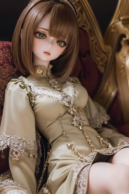 photorealistic, realistic photo, ((highest quality)), ((masterpiece)), detailed, kukolnydom, doll, (mature woman:1.6), solo, sitting on sofa, reclining on sofa, ((skinny, slender, slim, parted lips)), green eyes, brown hair, (looking at another, blank eyes, empty eyes, detailed eyes:1.3), formal fashion, castle, 8k