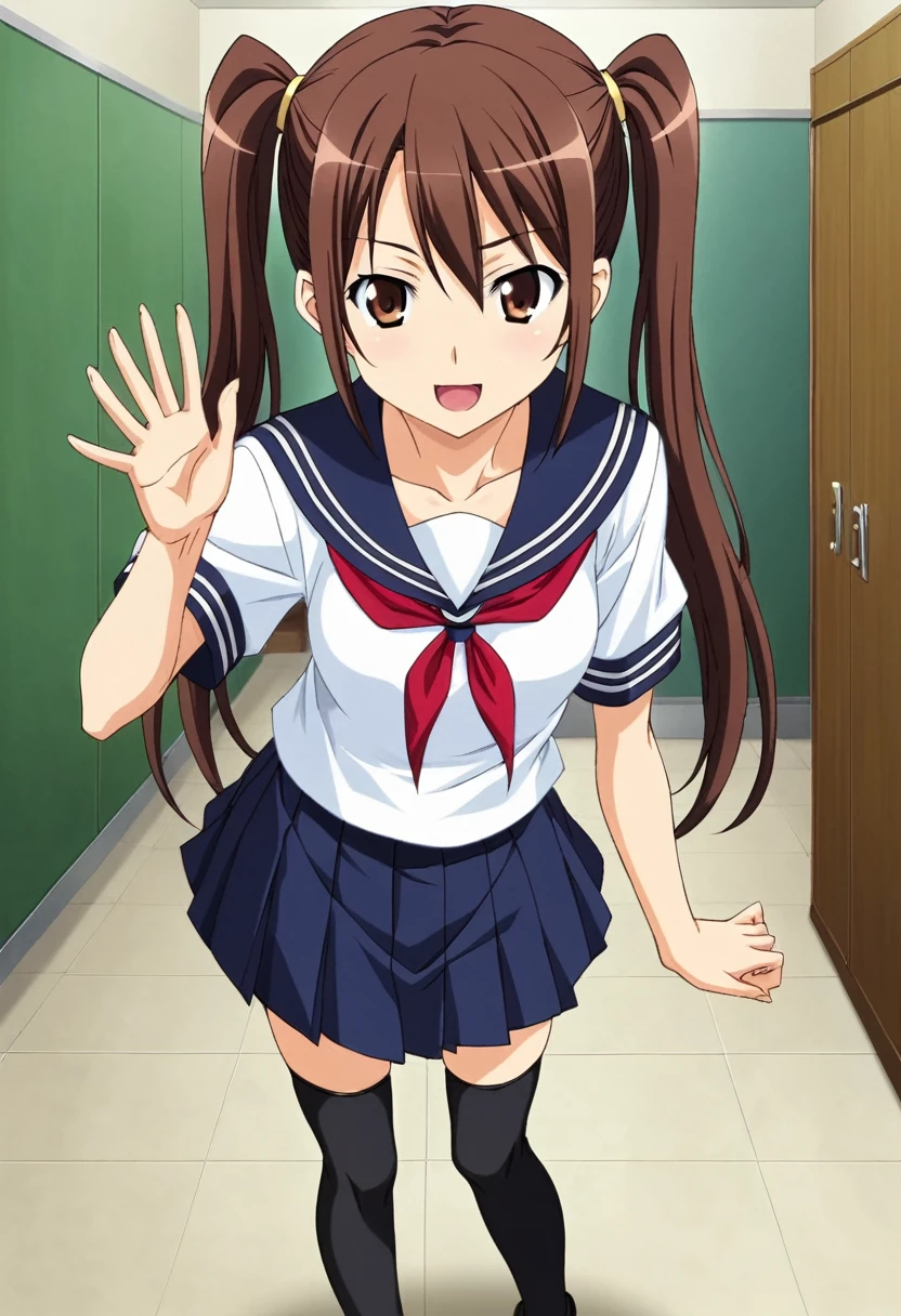 dsrise, brown hair, long hair, twintails, brown eyes, yasogami , serafuku, black thighhighs, 1girl, solo BREAK standing, school hallway, cinematic, game cg, anime screencap, official art, masterpiece, best quality