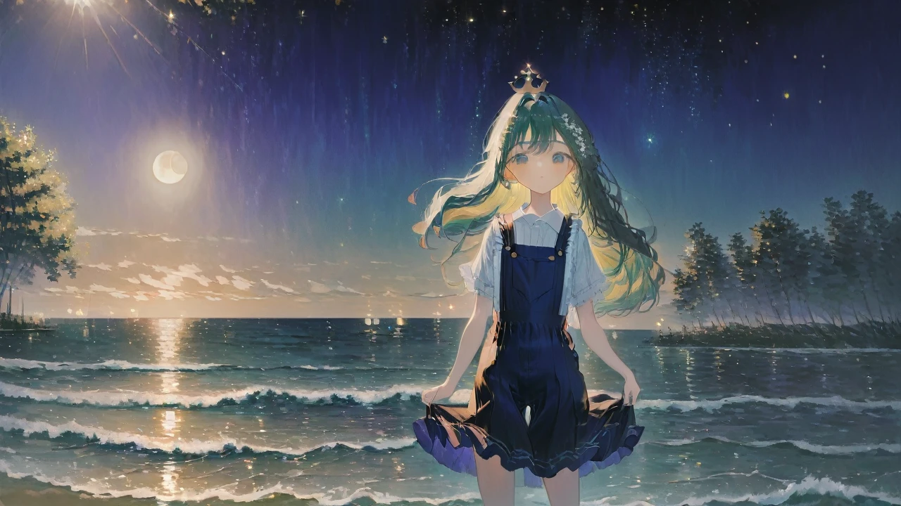 Create a high-quality anime-style illustration for a song titled "月の光." The image should depict a serene night scene with a large, luminous full moon casting a gentle glow over a clear starry sky. The moonlight reflects on a calm ocean with gentle waves lapping at a tranquil shore. In the foreground, an anime-style character stands by the water's edge, gazing up at the moon with a serene and contemplative expression. The character should be beautifully detailed, with flowing hair gently stirred by a soft breeze. Surrounding the scene, lush trees rustle quietly in the night wind. The overall atmosphere should be tranquil, soothing, and deeply immersive, capturing the essence of peaceful night-time reflection and the gentle embrace of nature.