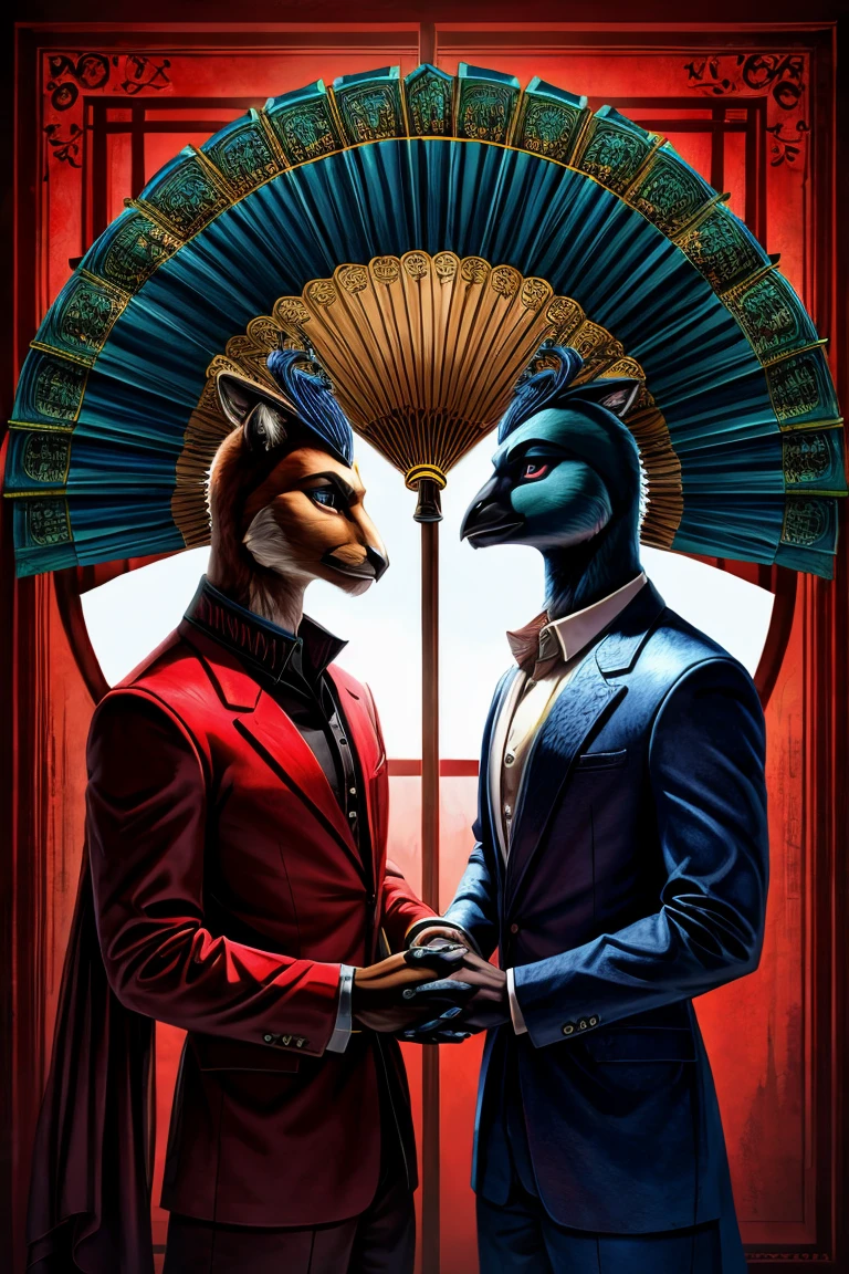 furry,male,Black peacock,Red texture,mystery,High and cold,Very handsome,Hand holding folding fan