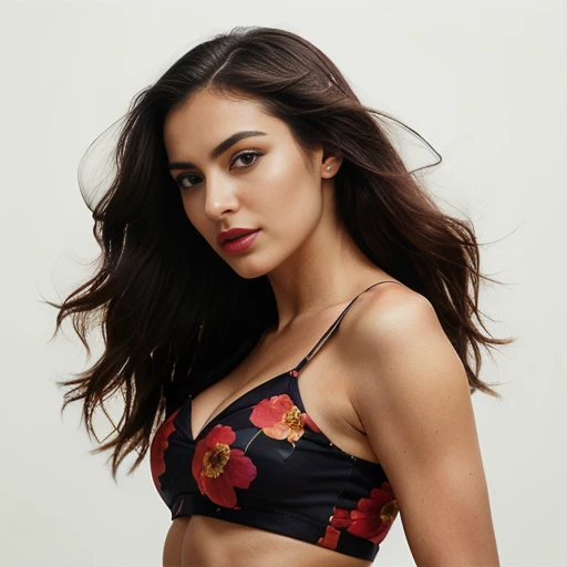 This captivating image presents a visually striking portrait of a woman exuding both confidence and allure. The subject's long, luscious dark hair cascades in waves, framing her face and accentuating her striking features. Her bold, confident expression and pose suggest a strong sense of self-assurance and poise.
The subject's attire is a vibrant, floral-patterned crop top that elegantly showcases her toned, feminine physique. The bright, warm tones of the fabric create a sense of vibrancy and energy, further enhancing the overall visual impact of the image.
The subject's makeup is applied skillfully, with bold, expressive eyes and a statement-making lip color that draw the viewer's attention. The contrasting elements of the image, such as the bold colors and the subject's confident demeanor, work together to create a captivating and visually arresting portrait.
The overall composition and styling of the image suggest a celebration of the subject's beauty, confidence, and individuality. The viewer is invited to appreciate the subject's striking presence and the artistic mastery behind the capturing of this compelling visual narrative.