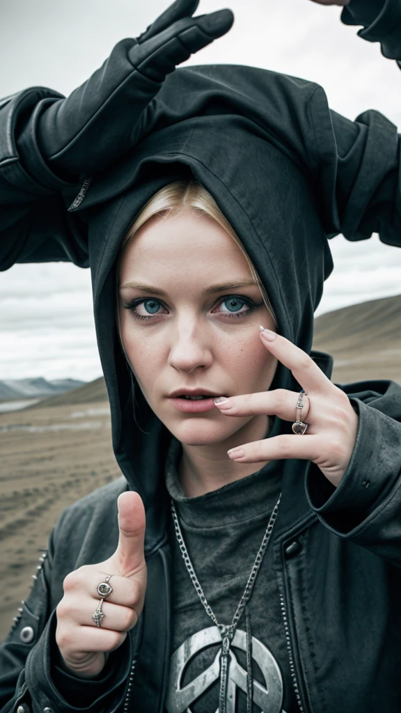 Blonde girl, her hand making the peace gesture with the index and middle fingers raised and separated to form a "V" shape, while the thumb, ring finger, and pinky are folded down. She is in a Mad Max outfit, post-apocalyptic style, with a punk hairstyle, in a Norwegian landscape. Realistic photo, dark and moody.