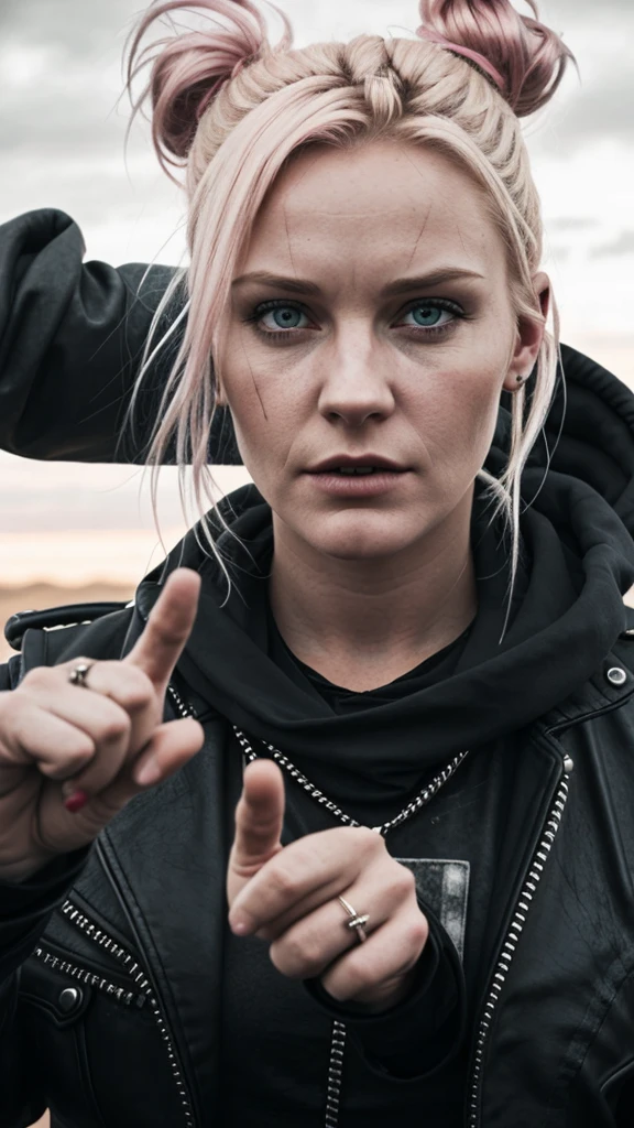 Blonde girl, her hand making the peace gesture with the index and middle fingers raised and separated to form a "V" shape, while the thumb, ring finger, and pinky are folded down. She is in a Mad Max outfit, post-apocalyptic style, with a punk hairstyle, in a Norwegian landscape. Realistic photo, dark and moody.