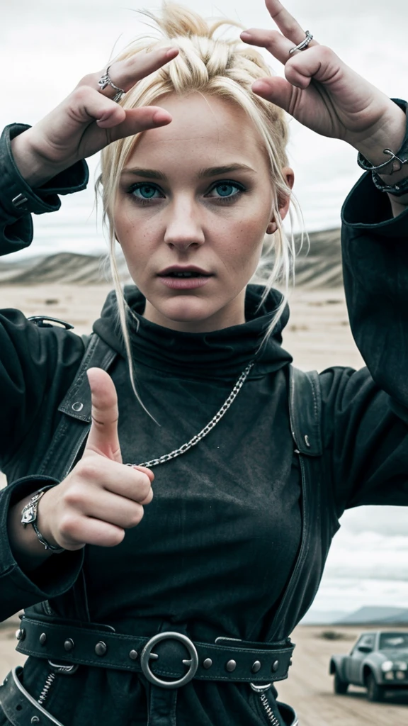 Blonde girl, her hand making the peace gesture with the index and middle fingers raised and separated to form a "V" shape, while the thumb, ring finger, and pinky are folded down. She is in a Mad Max outfit, post-apocalyptic style, with a punk hairstyle, in a Norwegian landscape. Realistic photo, dark and moody.