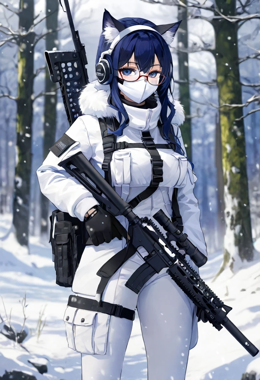 8K Ultra High-Quality, ultra-detailed, High quality, Dark Blue hair, Long hair, Headset, cat girl, white Tactical clothes, winter Military clothes, face mask, body harness, holding a white rifle, Looking at viewer, choker, glasses, full body, snowing forest background