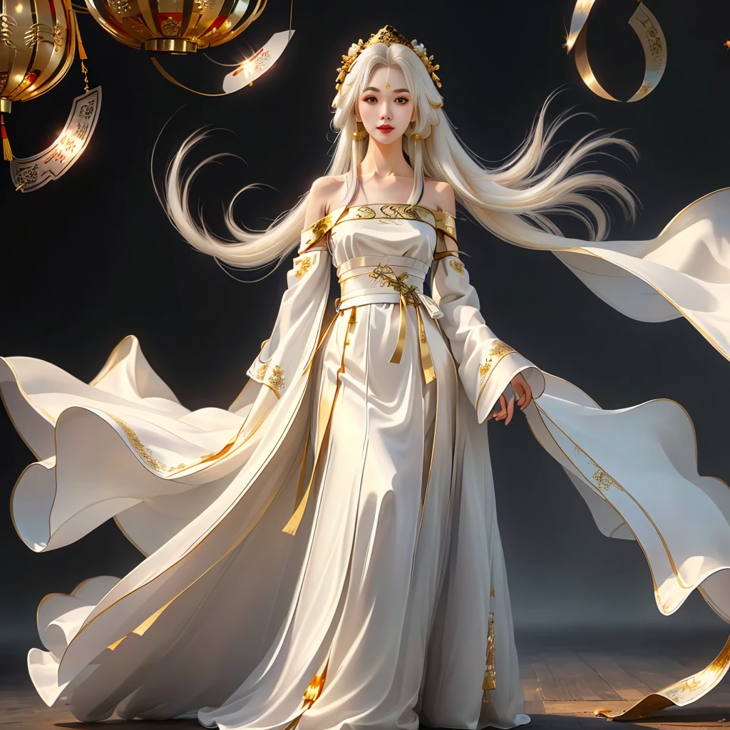 Girl in traditional Chinese clothing, Hanfu, Guzhen Hanfu women, gold Hanfu,(long straight white hair:1.5), black eyes, black bun hairstyle, hair accessories ,white diamond earrings, Bangle Diameter, Dia Necklace, Clear eyes, Facing forward,put on makeup, Long eyelashes ,(gold long shoulder coat:1.5), (Very long skirt, white:1.5), ((Whole body)), ((from below)), Clear face, , (Very beautiful face, Beautiful mouth, beautiful eyes), detailed face, ((Ultra-fine skin)), In the dark, deep shadows, an ancient Chinese girl (Very slim figure 1.3) ,Plump breasts, elegant posture ,(palace in the sky:1.5),