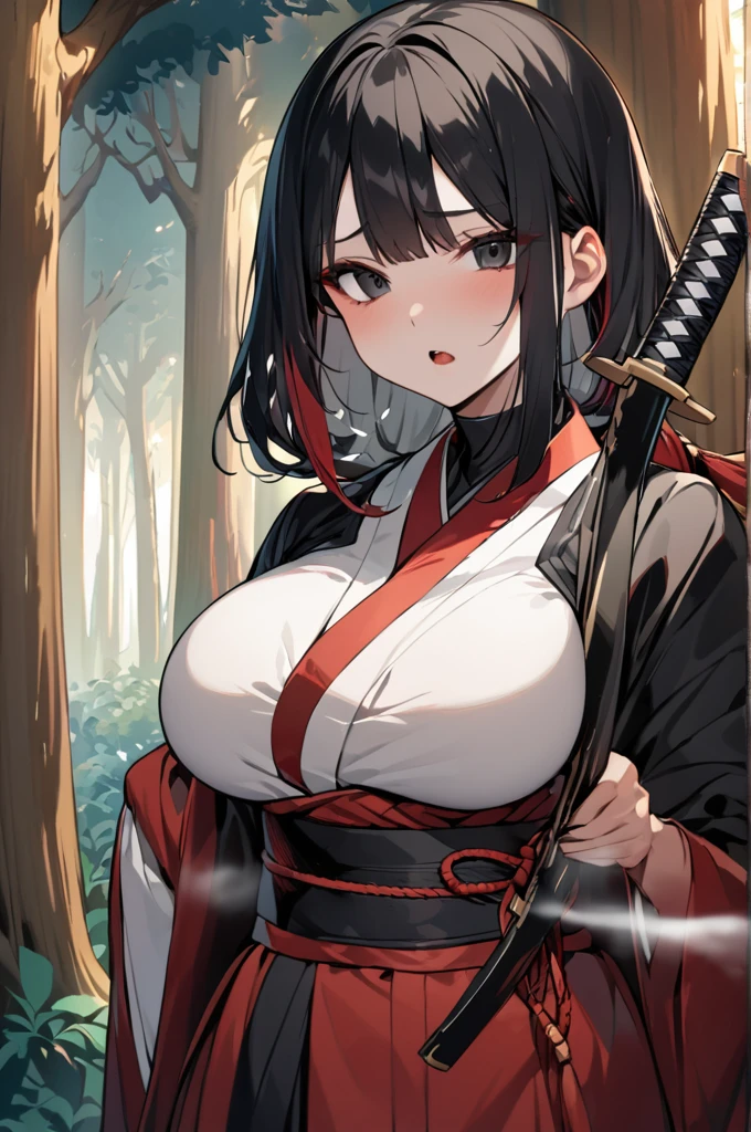 Japanese woman With the mouth cut on each side, deep black eyes, defined with large breasts, long black hair with red highlights, dressed only in sashes, holding a katana, Forest of souls background with several bodies pressed against the trees, smell of fog,