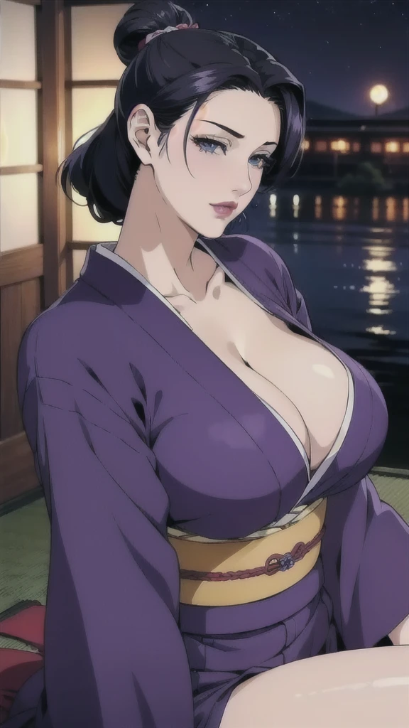 (masterpiece, best quality, unity 8k wallpaper, highres), ambient light, 1milf, solo, (super_beautiful_detailed hair face eyes nose mouth skin, slender:1.3), BREAK
 (Night:1.7),  Before Window, sitting at attention, sitting on couch, purple_kimono,sash, shouji, shrine, japanese_clothes, black_hair, Hair_bun, lipstick, Manga, 30yo, mature female, gigantic long sagging breasts, looking at viewer