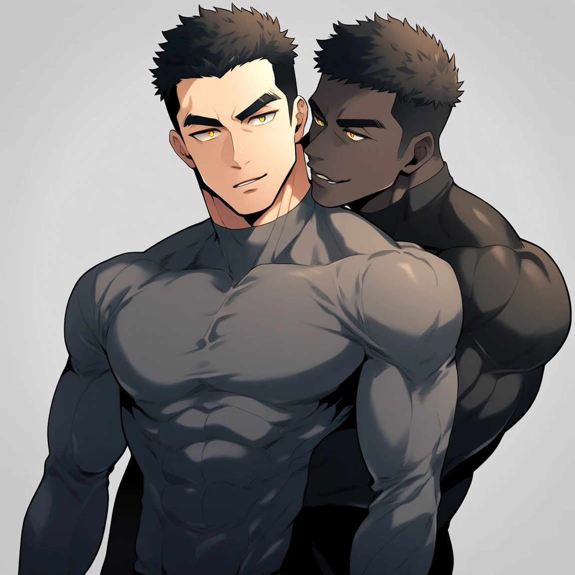 anime characters:Two superheroes in tights, Muscle superhero, negro black skin, They hugged and kissed each other, Bite your neck, Caress, Manliness, male focus, Yellow and black high collar long sleeve tight T-shirt, Slightly transparent material, Very tight, Round, full and perky chest muscles, Male dog waist, Slightly transparent, muscular male, muscular, only, Upper body, alone, Black short hair, Thick eyebrows, stubble, Yellow eyes, Grey background, simple background, amazing quality, best aesthetics, Ridiculous, bright pupils, crew cut, parted lips, seductive smile, torogao, naughty face, drop shadow, best quality