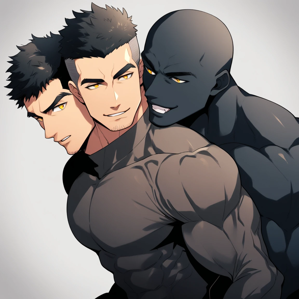 anime characters：Two superheroes in tights, Muscle superhero, negro black skin, They hugged and kissed each other, Bite your neck, Caress, Manliness, male focus, Yellow and black high collar long sleeve tight T-shirt, Slightly transparent material, Very tight, Round, full and perky chest muscles, Male dog waist, Slightly transparent, muscular male, muscular, only, Upper body, alone, Black short hair, Thick eyebrows, stubble, Yellow eyes, Grey background, simple background, amazing quality, best aesthetics, Ridiculous, bright pupils, crew cut, parted lips, seductive smile, torogao, naughty face, drop shadow, best quality