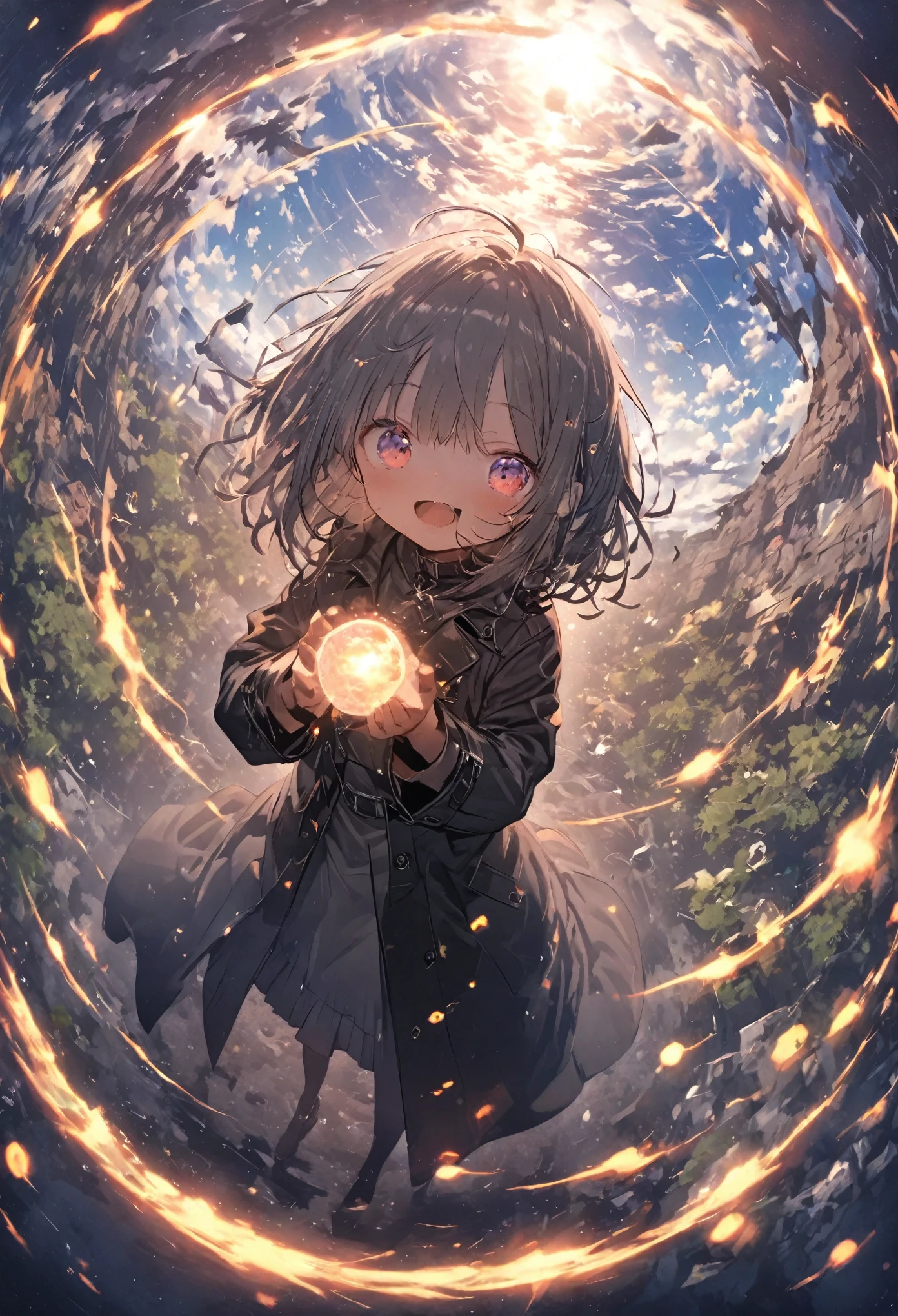 Black Long Trench Coat、Particles that glow throughout、Fisheye Lens、depth、whole body