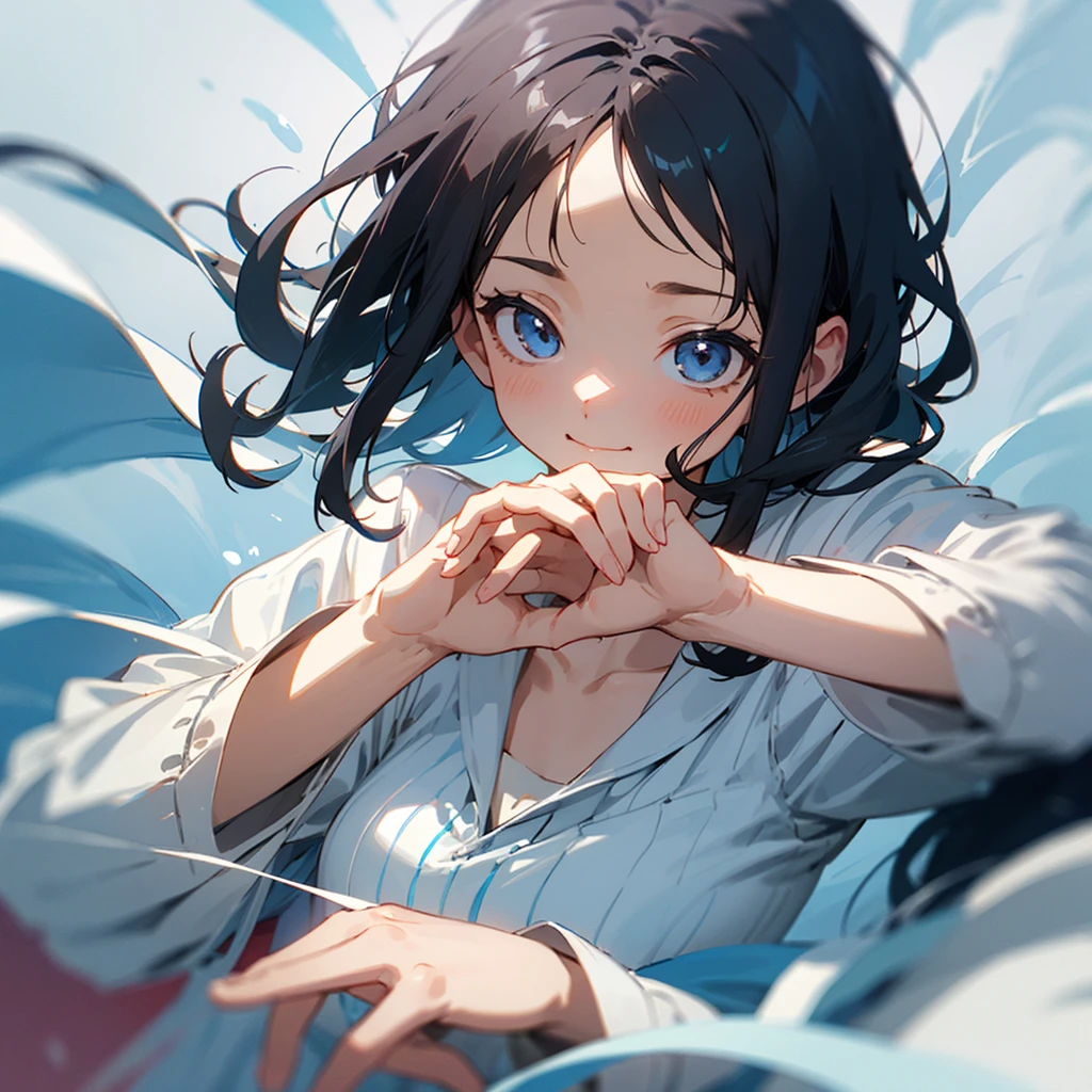 Girl、Black Hair、thin、white collar、one piece、cute、Thin lines、Hands are hidden。