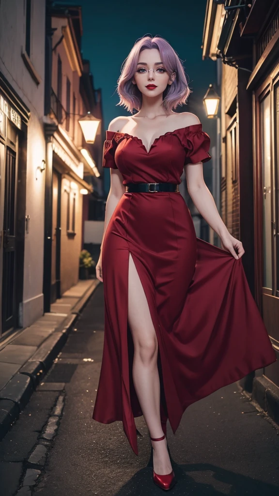 Irish woman, anime, modest, beautiful, high quality, night, 8k, long waist length light pale purple hair, green eyes, red lips, eyelashes, red long dress, red heels, short sleeves, solid neckline, solid skirt