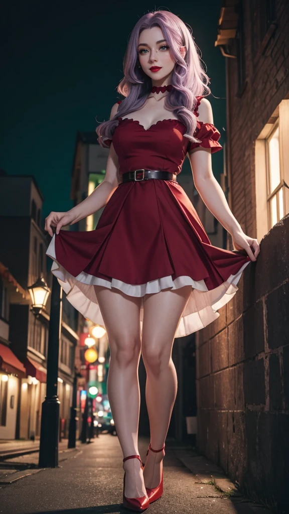 Irish woman, anime, modest, beautiful, high quality, night, 8k, long waist length light pale purple hair, green eyes, red lips, eyelashes, red long dress, red heels, short sleeves, solid neckline, solid skirt