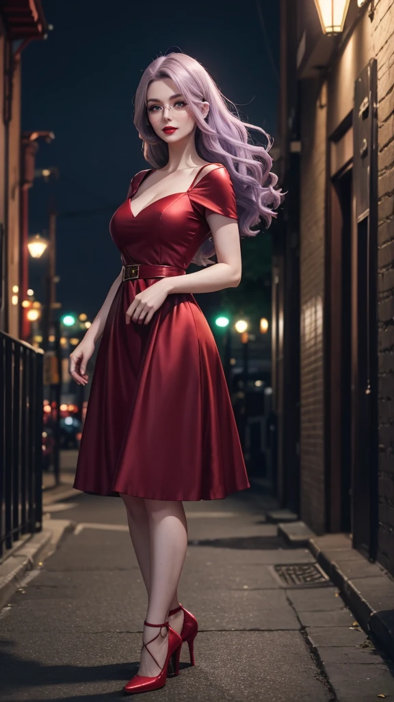 Irish woman, anime, modest, beautiful, high quality, night, 8k, long waist length light pale purple hair, green eyes, red lips, eyelashes, red long dress, red heels, short sleeves, solid neckline, solid skirt