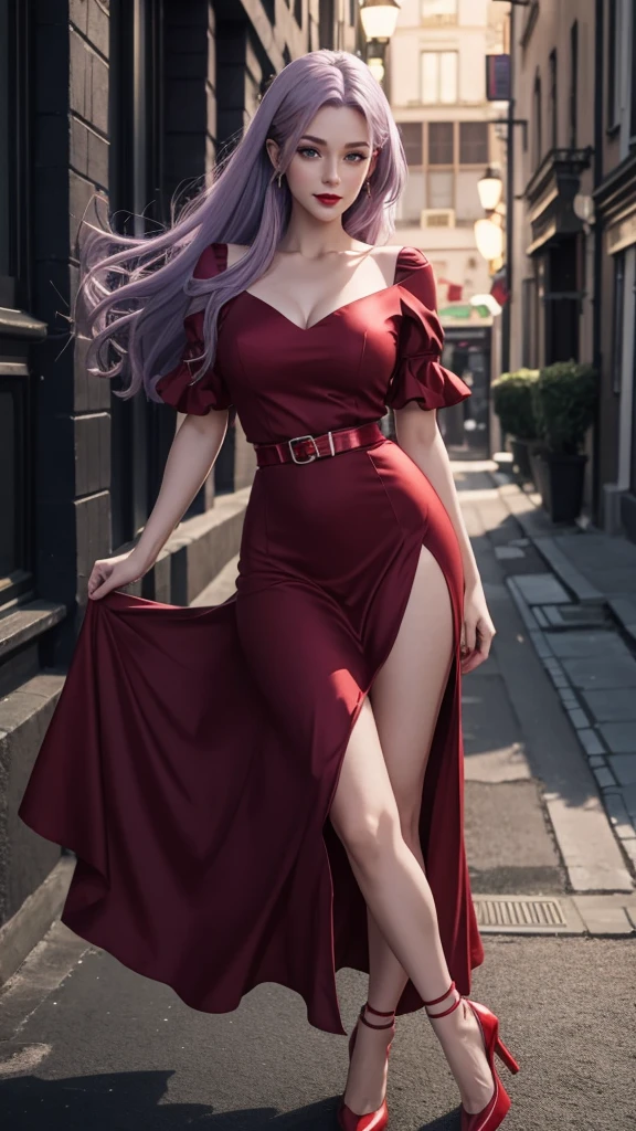 Irish woman, anime, modest, beautiful, high quality, night, 8k, long waist length light pale purple hair, green eyes, red lips, eyelashes, red long dress, red heels, short sleeves, solid neckline, solid skirt