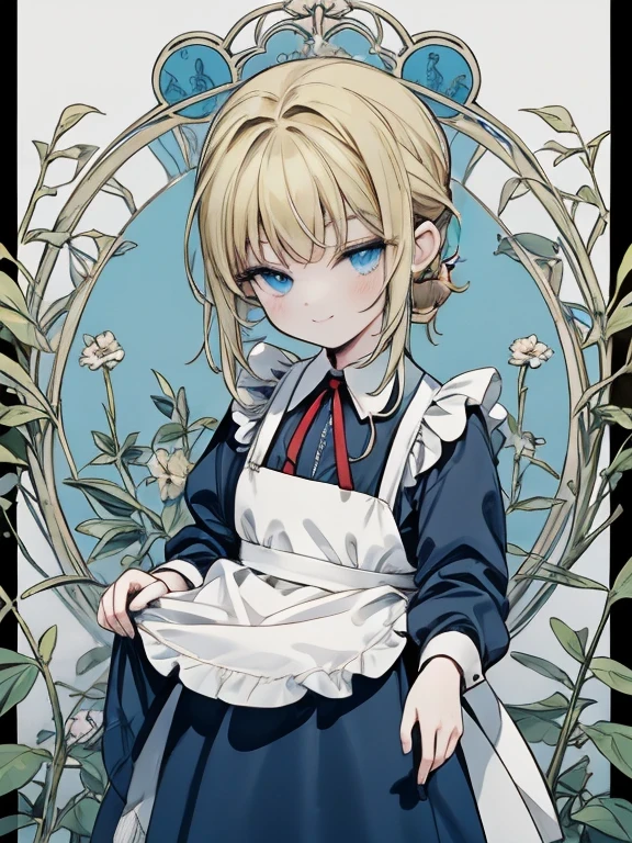 masterpiece, Highest quality, Very detailed, 16K, Ultra-high resolution, Cowboy Shot, Alice in Wonderland, (art nouveau:1.4), 10-year-old girl, Detailed face, smile, blue eyes, blonde, Braiding, Long Hair, ponytail, Ribbon on head, Blue clothes, Plain white apron, 大きなclockのある部屋で, clock, 壁clock, Music Box