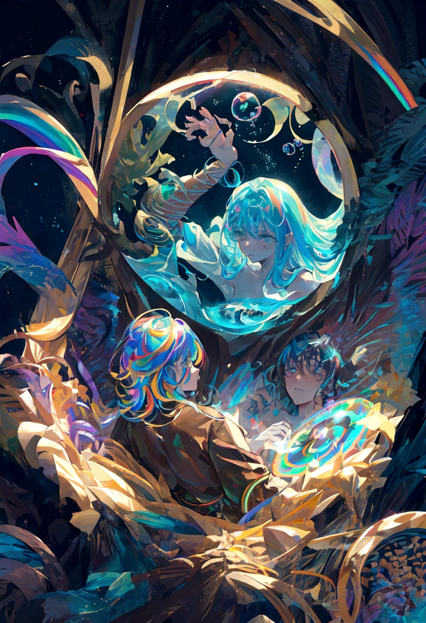 masterpiece, best quality, 1 male, adult, mature, tall muscular guy, Dark theme, Magic circle, bubble, rainbow Sunlight, Underwater, Reflected mirror, floating piece of Glass, Rainbow light, Bubble Swirling, wind Swirling, Aurora, fantasy scenery, Starlight around the character, (upper body)