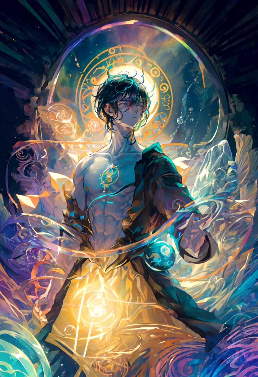 masterpiece, best quality, 1 male, adult, mature, tall muscular guy, Dark theme, Magic circle, bubble, rainbow Sunlight, Underwater, Reflected mirror, floating piece of Glass, Rainbow light, Bubble Swirling, wind Swirling, Aurora, fantasy scenery, Starlight around the character, (upper body)