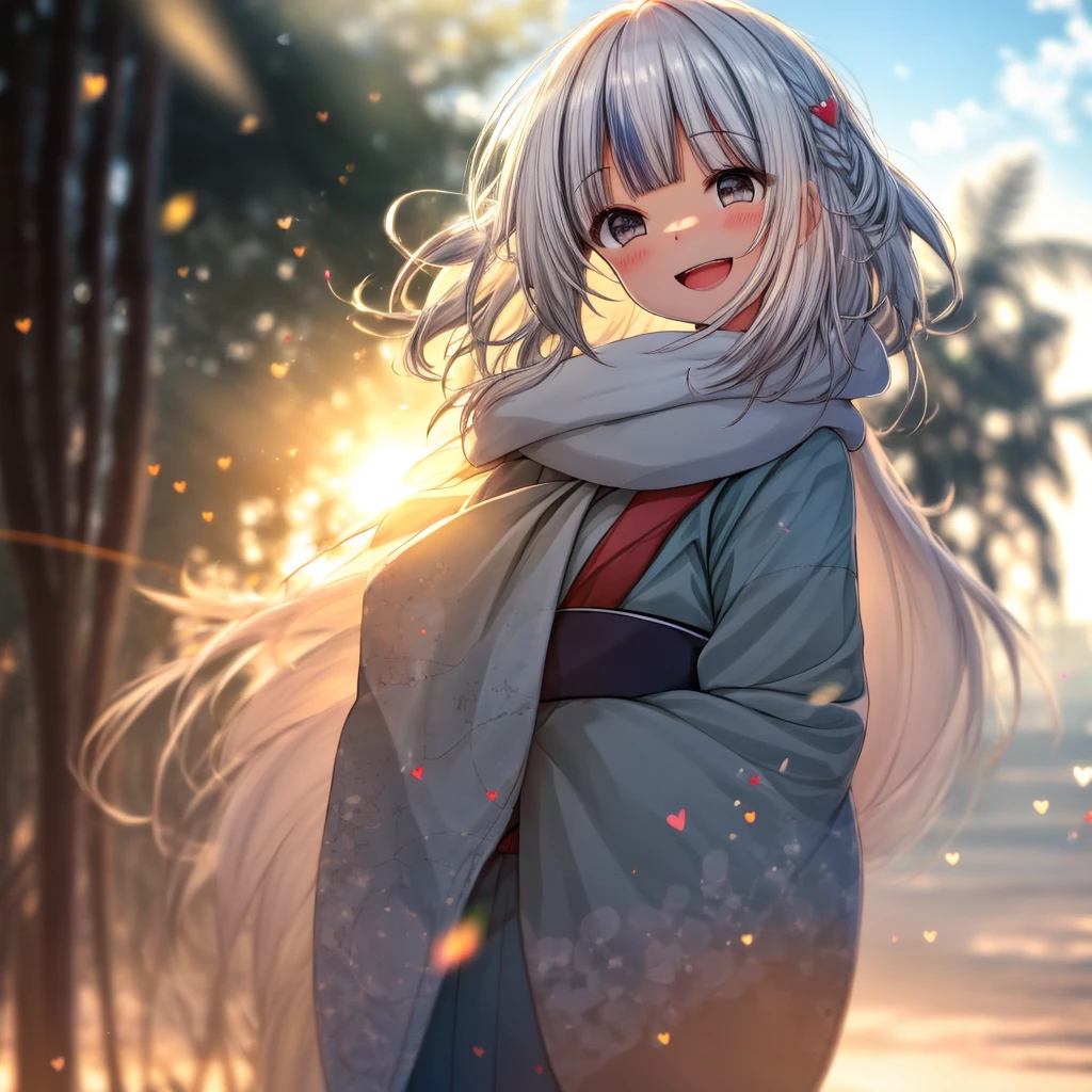  gura ,cosy ,full body, (big smile:1.1), (open mouth:1.1), (wide open eyes:1.2), sun glare, bokeh, depth of field, blurry background, light particles, hair to the side by wind, (heart particles:1.1)