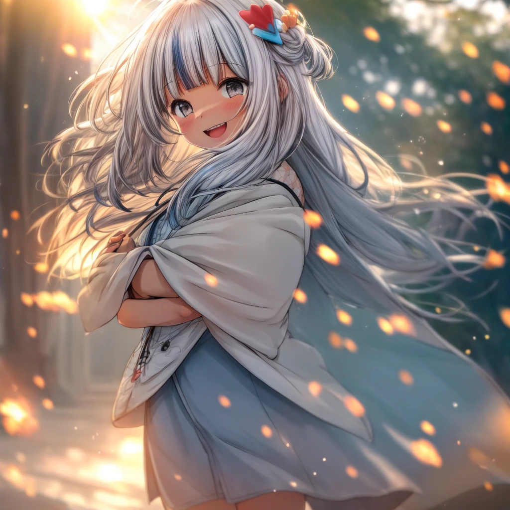 gura ,cosy ,full body, (big smile:1.1), (open mouth:1.1), (wide open eyes:1.2), sun glare, bokeh, depth of field, blurry background, light particles, hair to the side by wind, (heart particles:1.1)