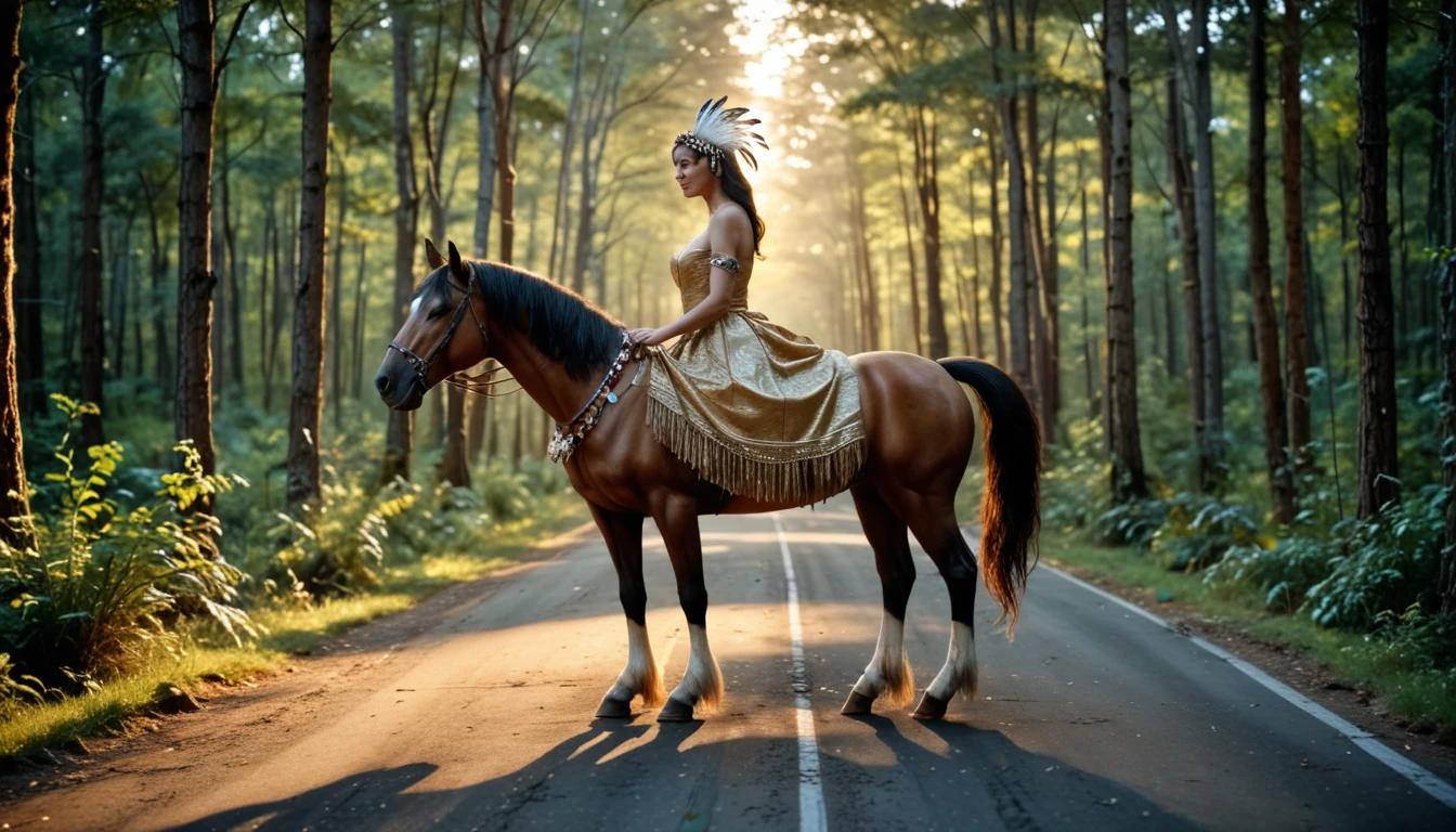 ((masterpiece)), ((best quality)), ((highres)), ((extremely detailed)), ((long shot, back view)), 1 black skinned girl as Pocahontas costume, full body, Beautiful Native American woman, mature woman, Big breast, (super realistic), (peerless beauty), detailed skin texture, detailed cloth texture, beautiful detailed face, intricate details, ultra detailed, indigenes feather jewelry, feather headdress, traditional handmade dress, (((riding on a fat draft  horse))), (((road in the middle of the forest))), ultra realistic, concept art, elegant, ((intricate)), ((highly detailed)), depth of field, ((professionally color graded)), soft ambient lighting, dusk, (Best quality, A high resolution, Photorealistic, primitive, 8K,Masterpiece, ),Best quality, Masterpiec8K.hdr. High ribs:1.2, filmgrain, Blur bokeh:1.2, Lens flare, (vivd colour:1.5), (Delicate),